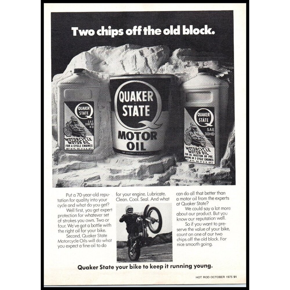 1975 Quaker State Motorcycle Motor Oil Vintage Print Ad Chip off Block Wall Art